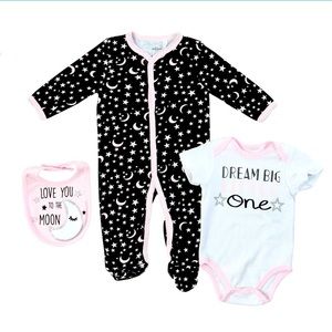 Baby Girl Footed Sleeper Onesie Bib Moon Stars Set